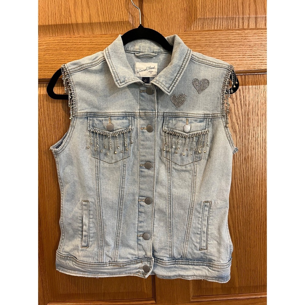 BLING Sequins Bride Universal Thread Womens Denim Button Front Vest Light Blue S